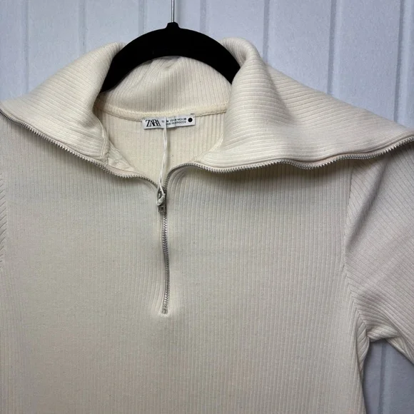 ZARA Sweater Dress Ivory Short Sleeves Quarter Zip Ribbed Knit Size Size M - Picture 3 of 11
